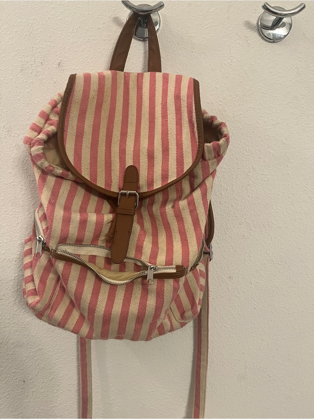 Candie’s Pink & Cream Striped Canvas Backpack with Front Zip Poc